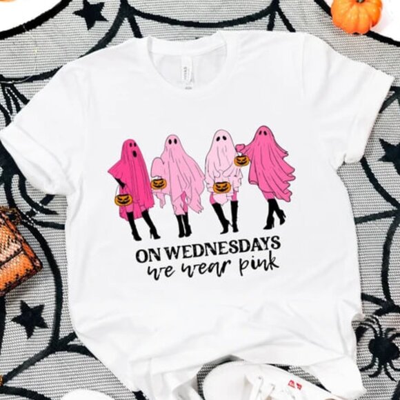 Tops - On Wednesday We Wear Pink Ghost Tshirt, Ghost Halloween Shirt, Pink Ghost Shirt